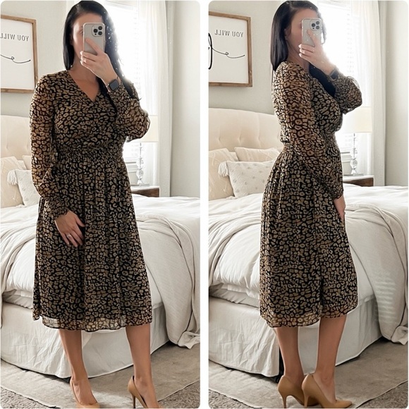 WhoWhatWear Cheetah Print Surplice V-Neck Wrap Long Lantern Sleeve Midi Dress - Picture 4 of 16